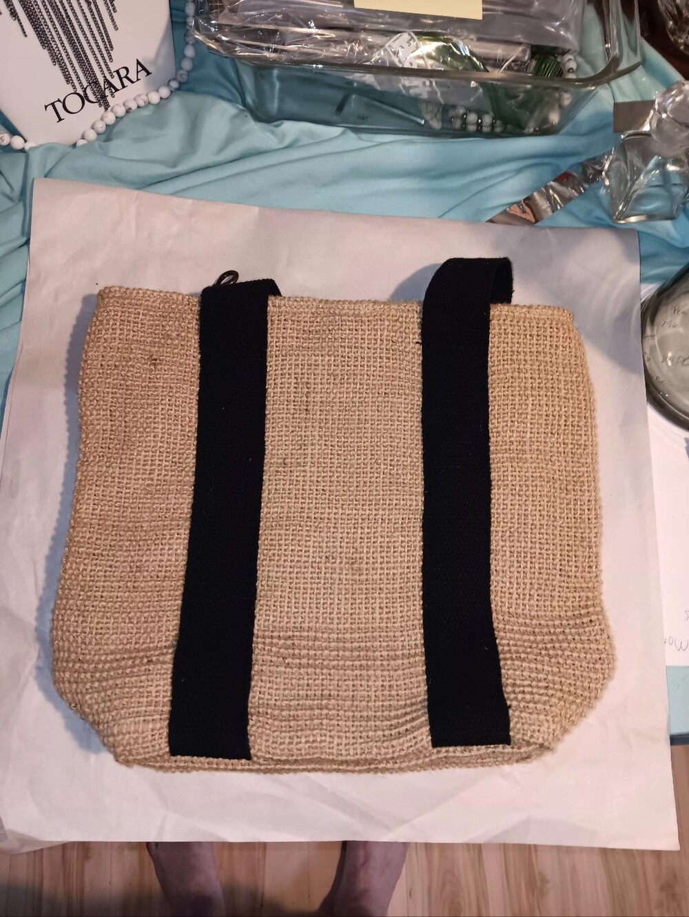 Walcoal Straw Handbag Eco Friendly Black Cotton Straps Medium Size